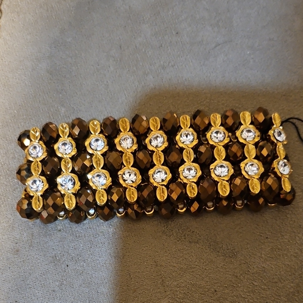 Gold and Brown Stretch Bracelet with Rhinestones